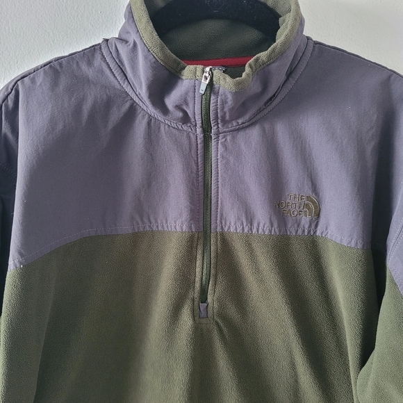 North Face Mens Large Quarter Zip Fleece Green Gray 2 Tone Sleeve Pocket Missing - Picture 2 of 8